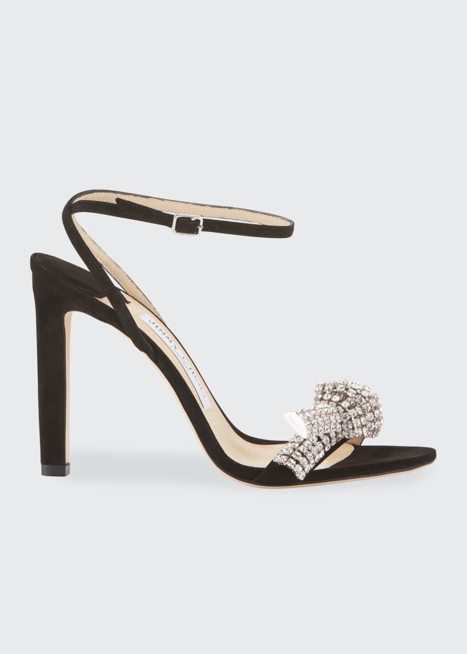 Jimmy Choo Thyra 100mm Suede Sandals With Crystal Knot - Bergdorf Goodman