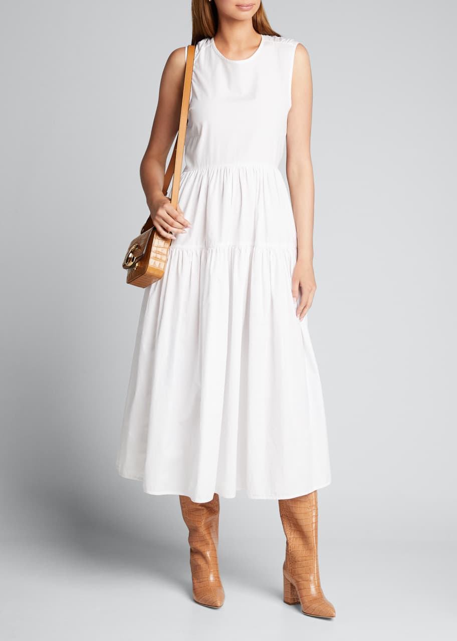 Image 1 of 1: Cotton-Tiered Tie-Back A-Line Midi Dress