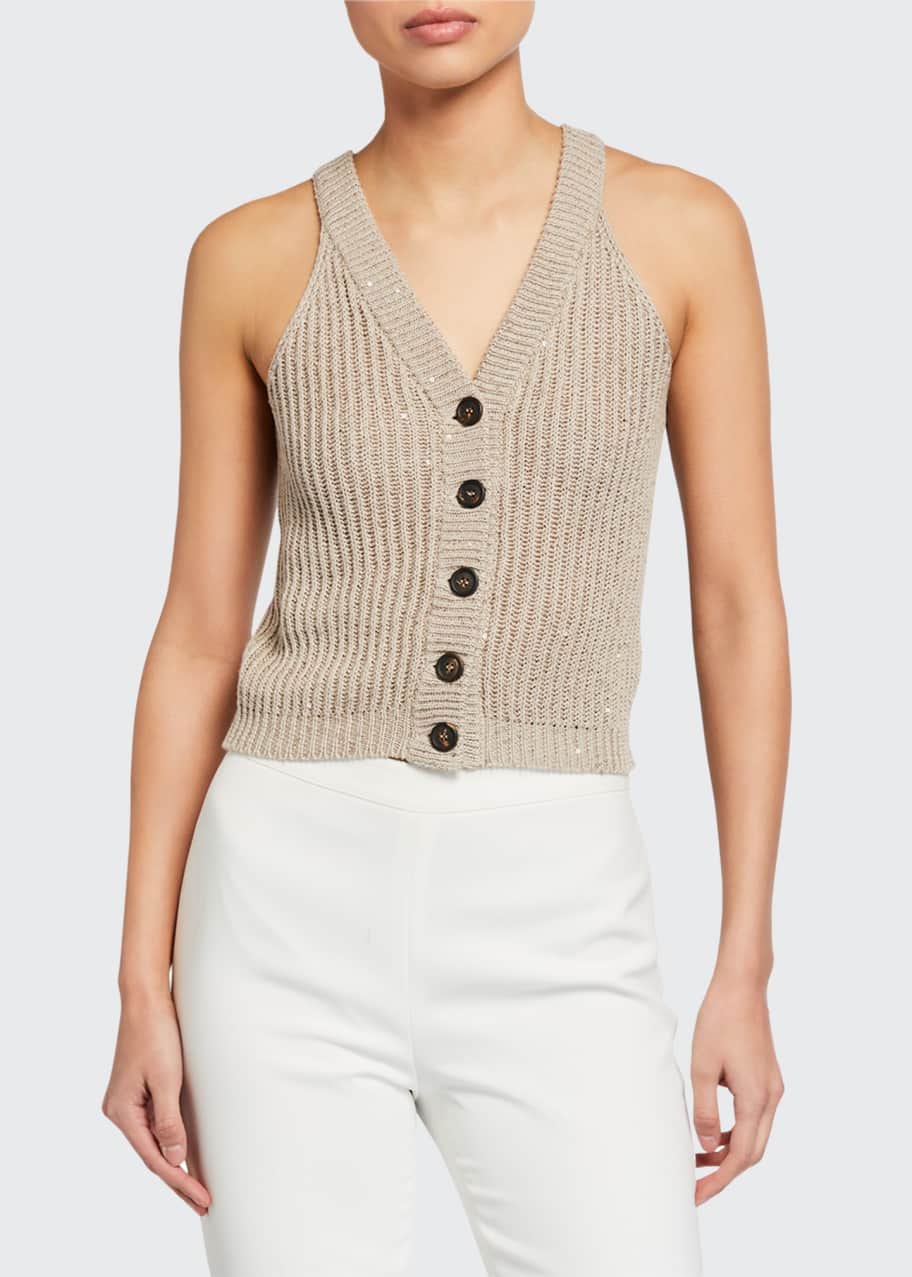 Brunello Cucinelli V-Neck Sequin Ribbed Button-Front Vest - Bergdorf ...