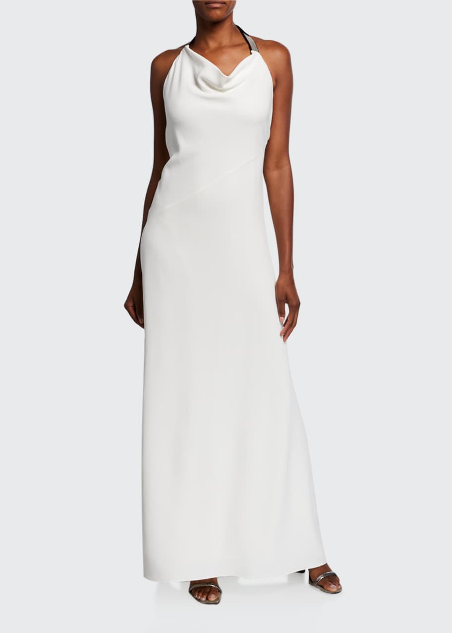 Image 1 of 1: Silk Cady Cowl-Neck Halter Gown, White