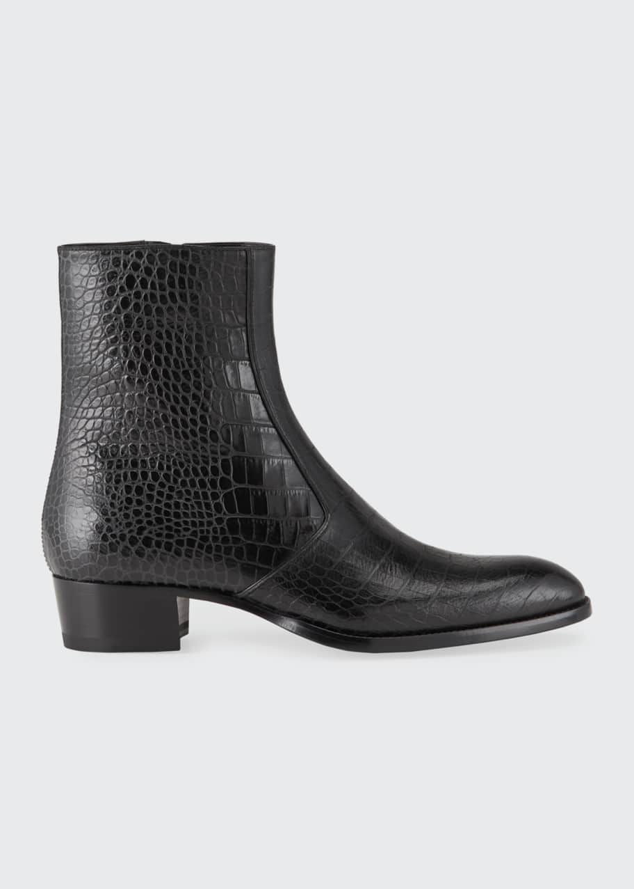 Saint Laurent Men's Wyatt Croc-Embossed Leather Side-Zip Boots