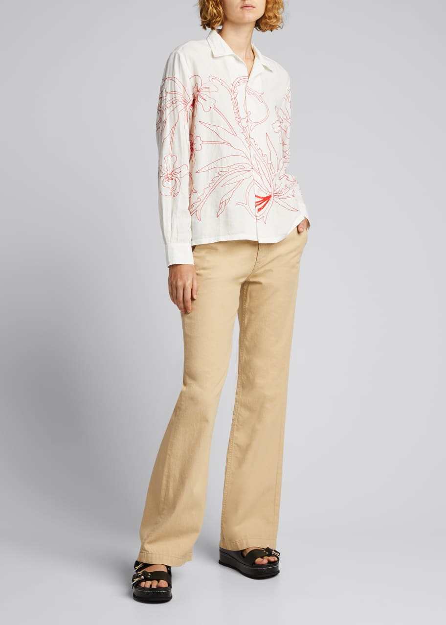 Image 1 of 1: Embroidered Floral Redwork Cotton Shirt