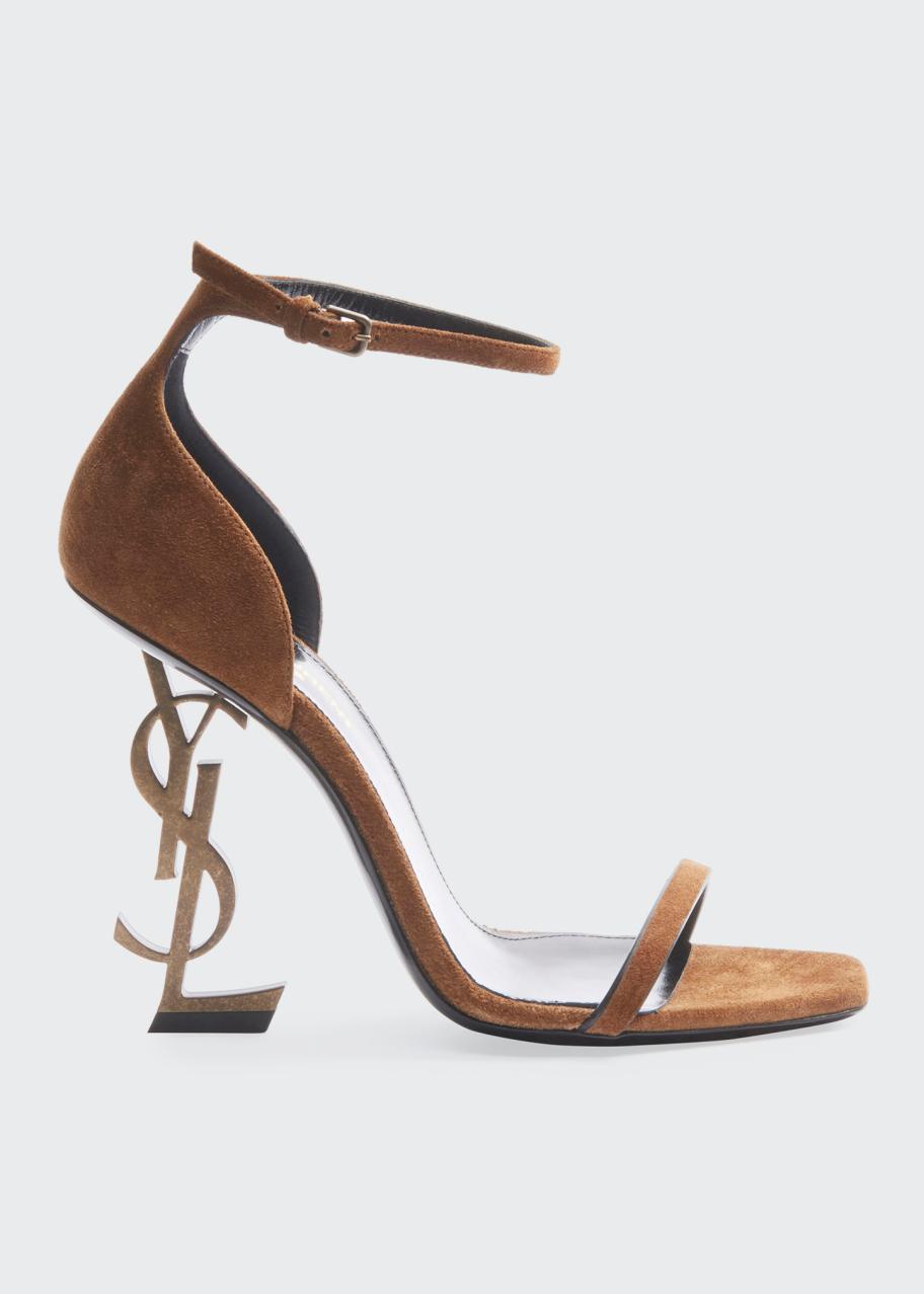 Saint Laurent Tan Suede YSL Logo-Heel Sandals YVES SAINT LAURENT OPYUM SUEDE HEELS SANDALS – Caroline main image 3