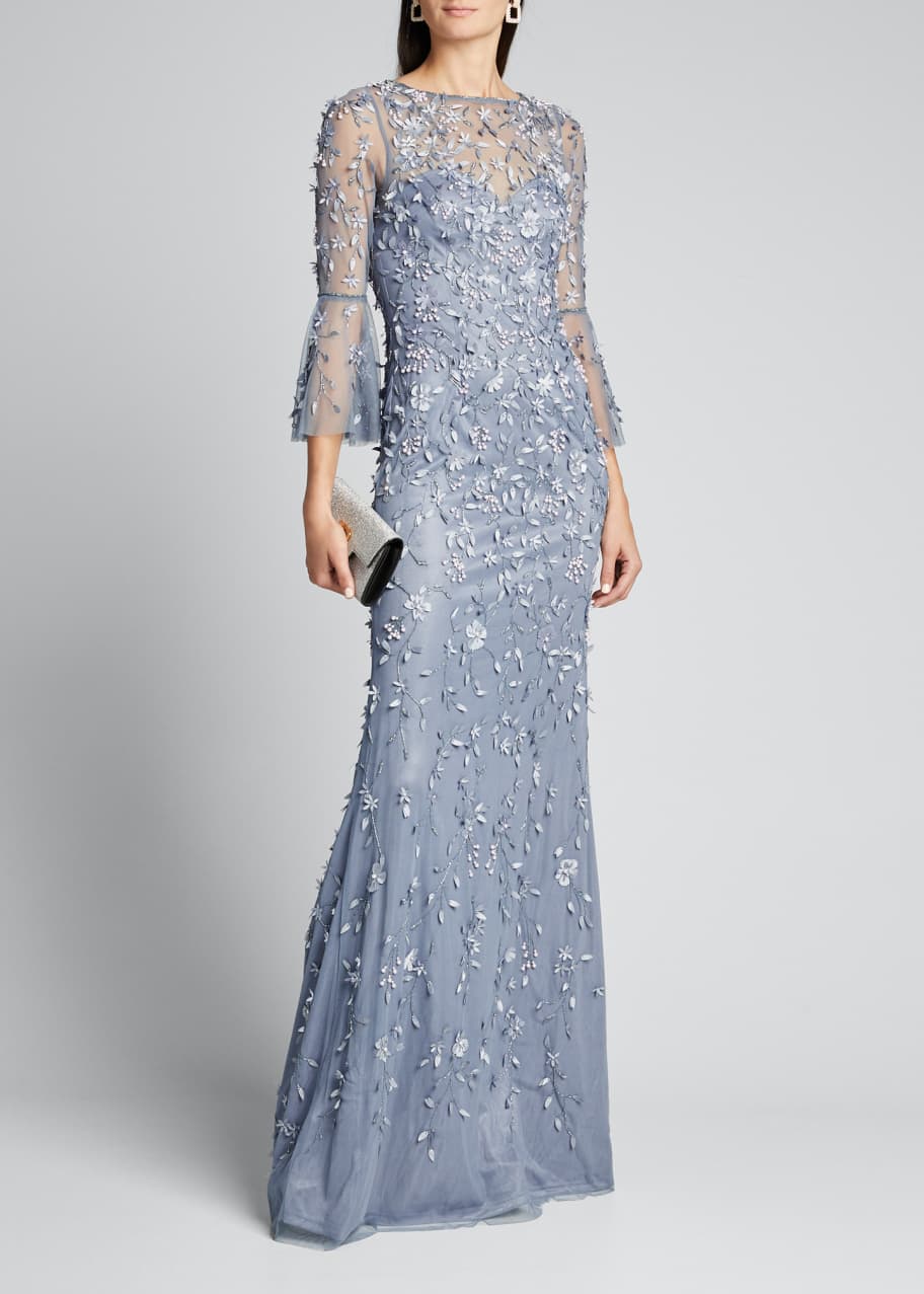 Theia Hand Beaded & Petal Applique 3/4 BellSleeve Column Gown