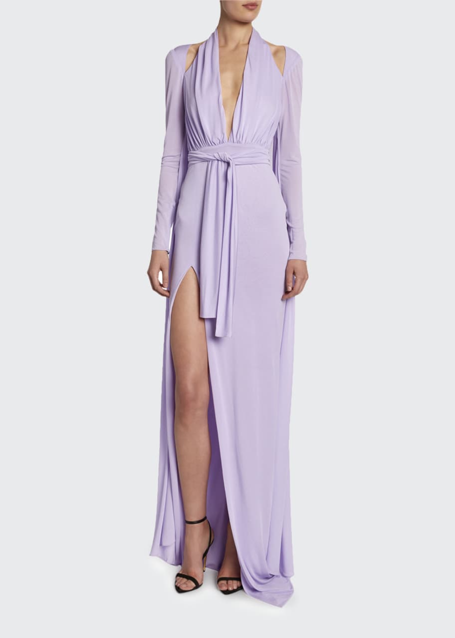 TOM FORD Cold-Shoulder Long-Sleeve Tie-Waist Halter Gown w/ Cape Back -  Bergdorf Goodman