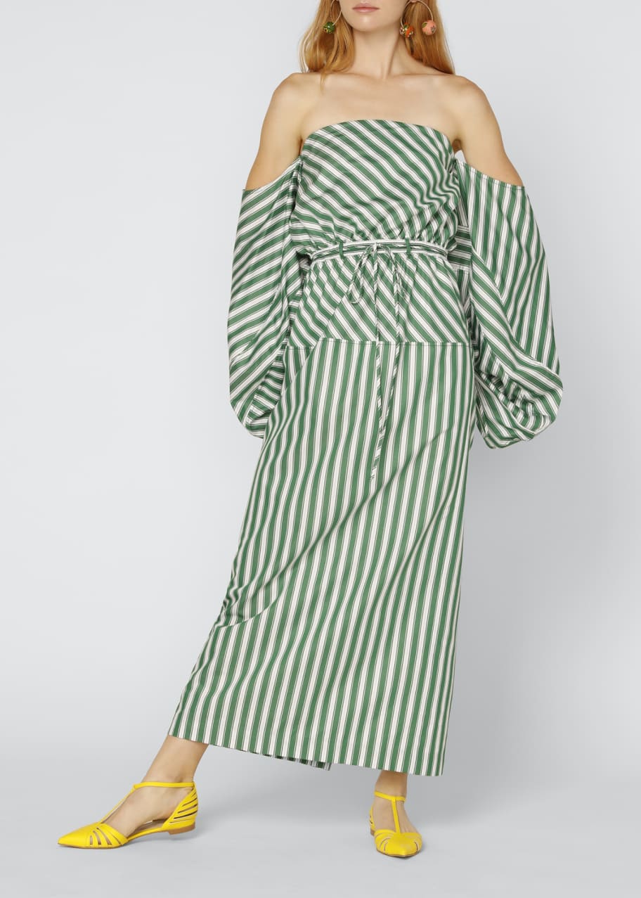Image 1 of 1: Strapless Balloon-Sleeve Striped Cocktail Dress