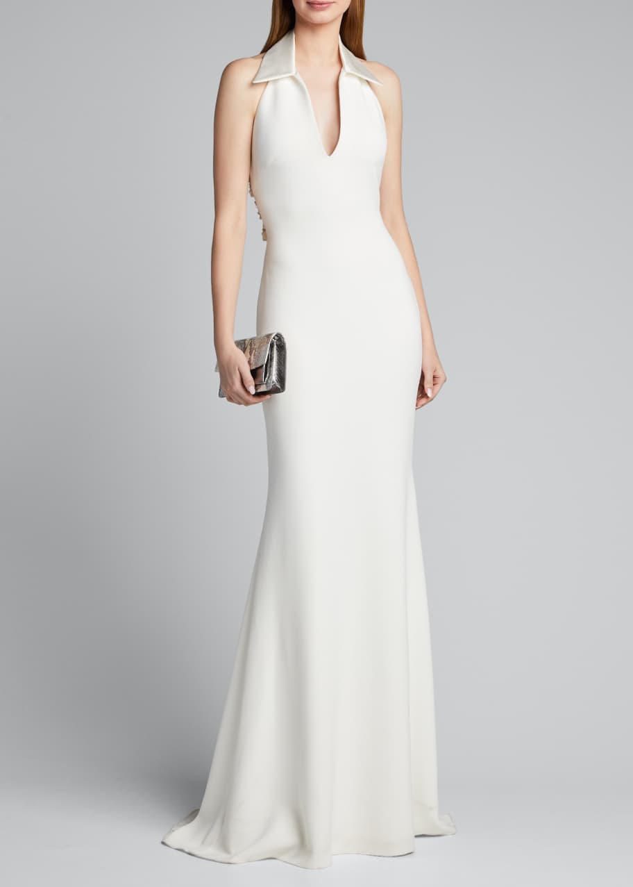 Badgley Mischka Collection Shirt Halter Gown with Embellished Back ...