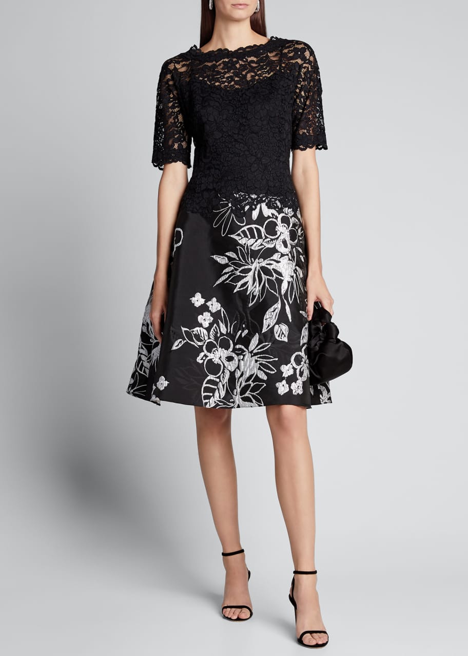 Image 1 of 1: Elbow-Sleeve Lace Bodice Dress w/ Embroidered Skirt