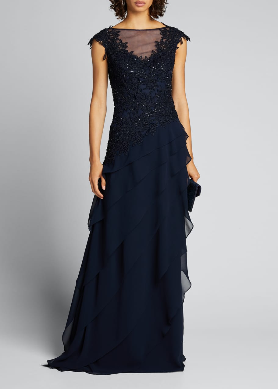 Image 1 of 1: Beaded Cap-Sleeve Asymmetric Shutter Pleated Gown