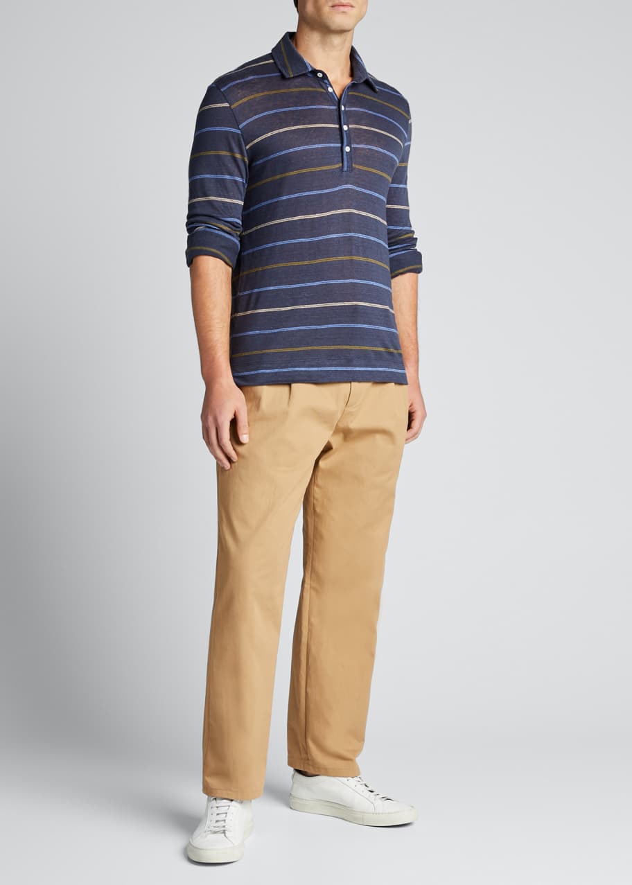 Image 1 of 1: Men's Long-Sleeve Striped Linen Polo Shirt
