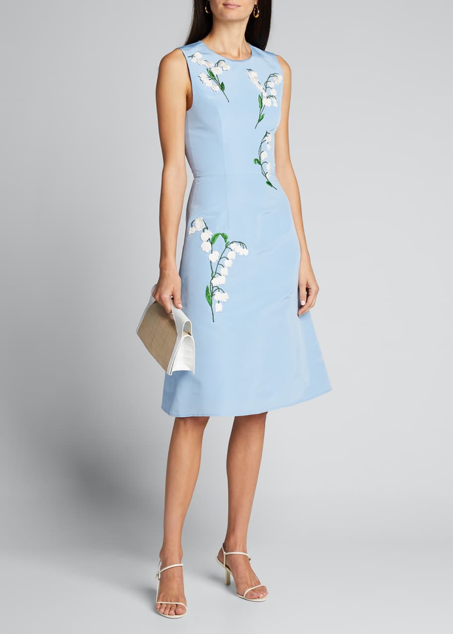 Image 1 of 1: Floral-Embroidered Silk A-Line Dress