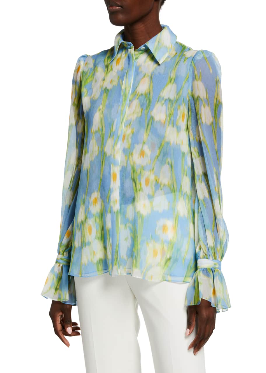 Image 1 of 1: Floral Print Chiffon Puff-Sleeve Shirt