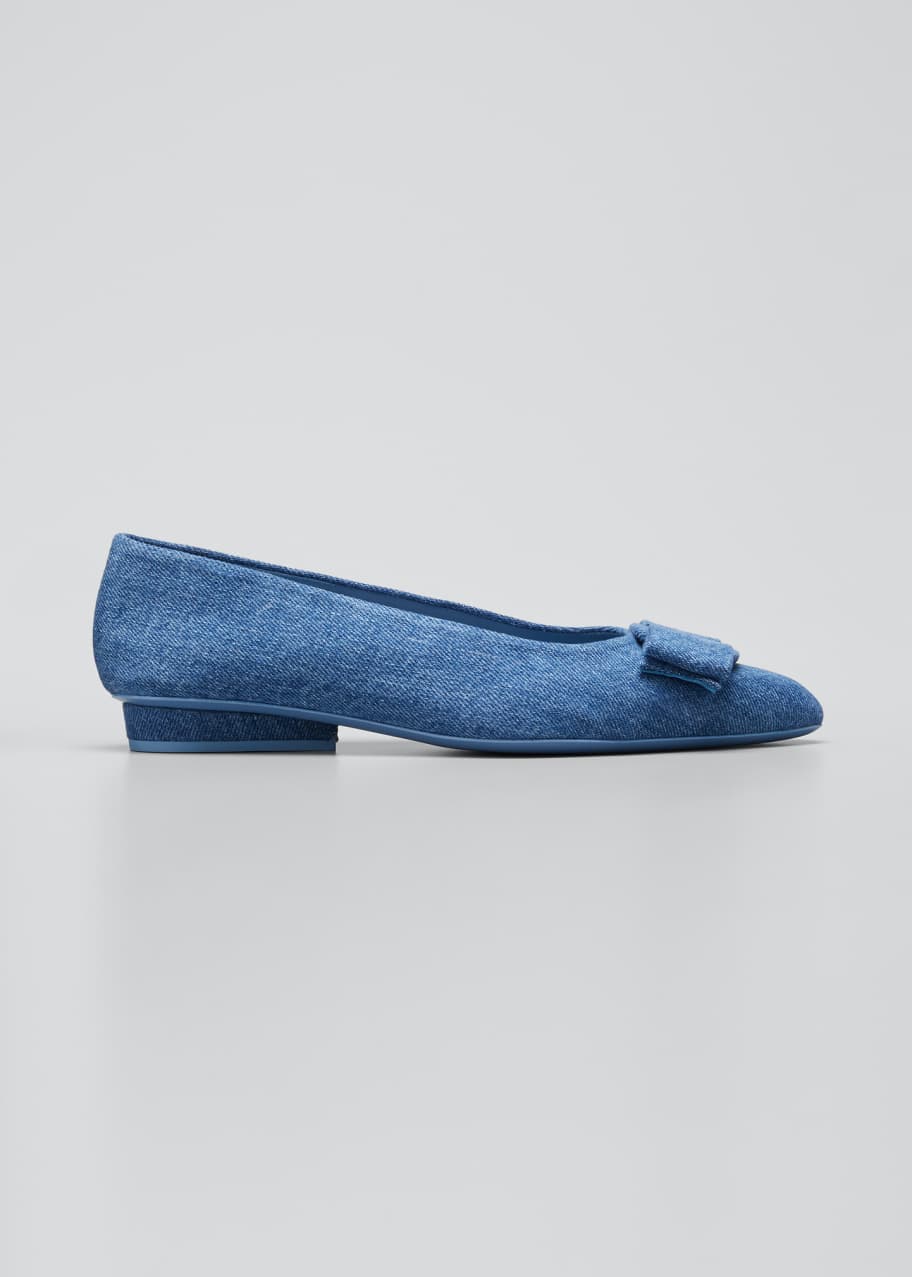 Ferragamo Viva Denim Bow Pointed-Toe Ballet Flats Bergdorf Goodman