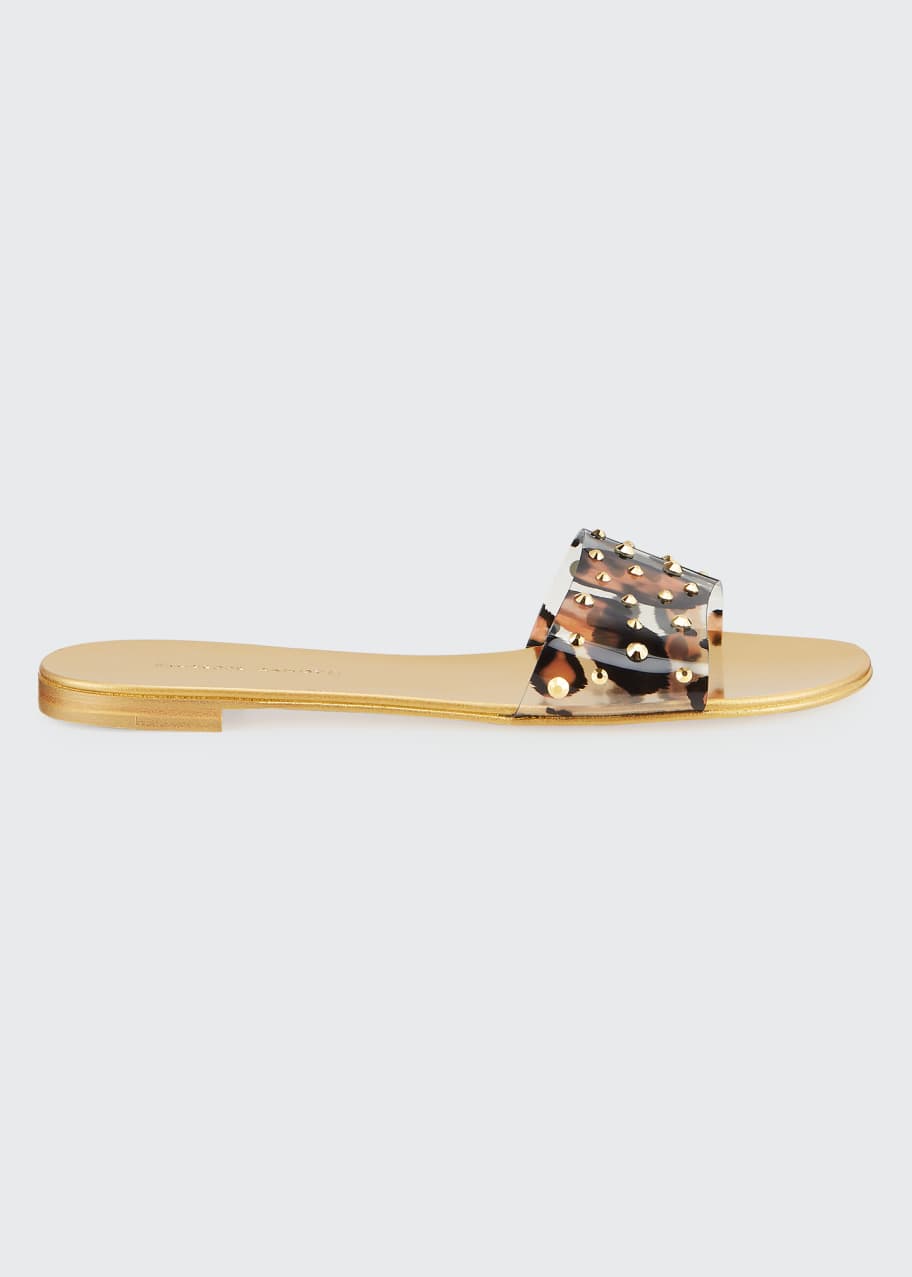 Image 1 of 1: Leopard-Print Studded Flat Slide Sandals