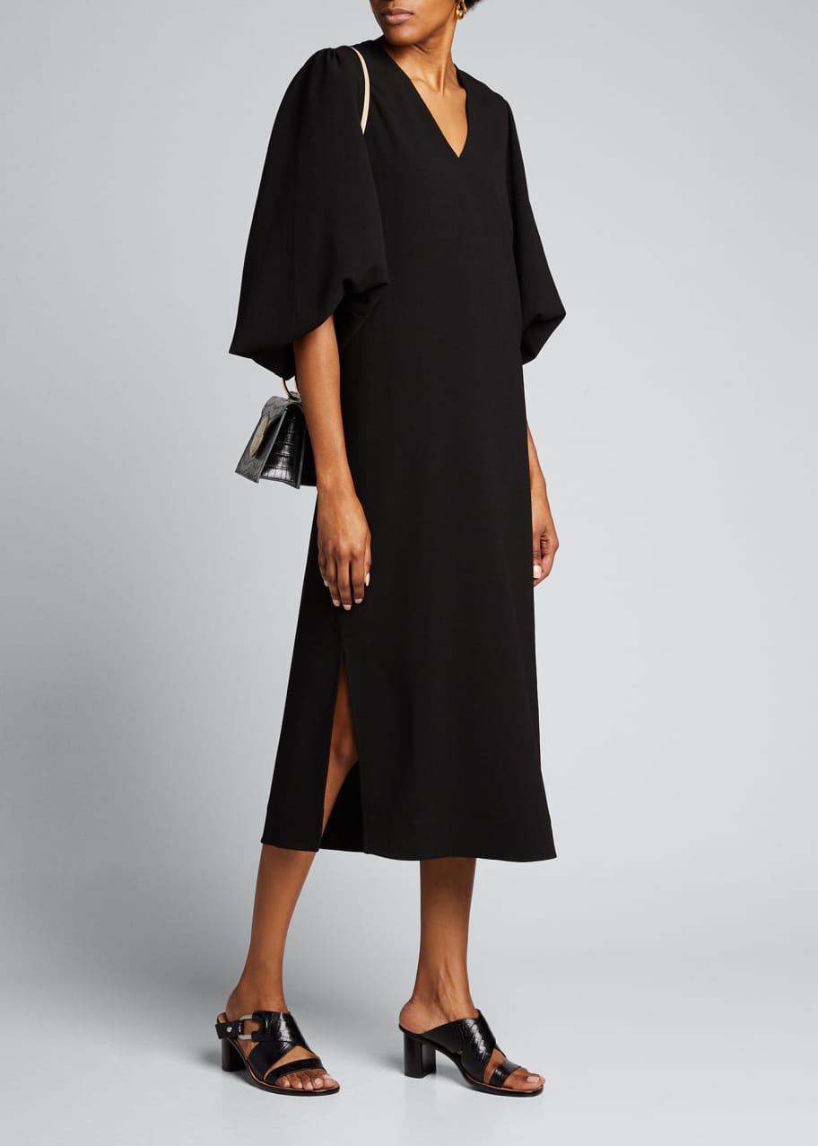 Image 1 of 1: Heavy Crepe Blouson-Sleeve Midi Dress