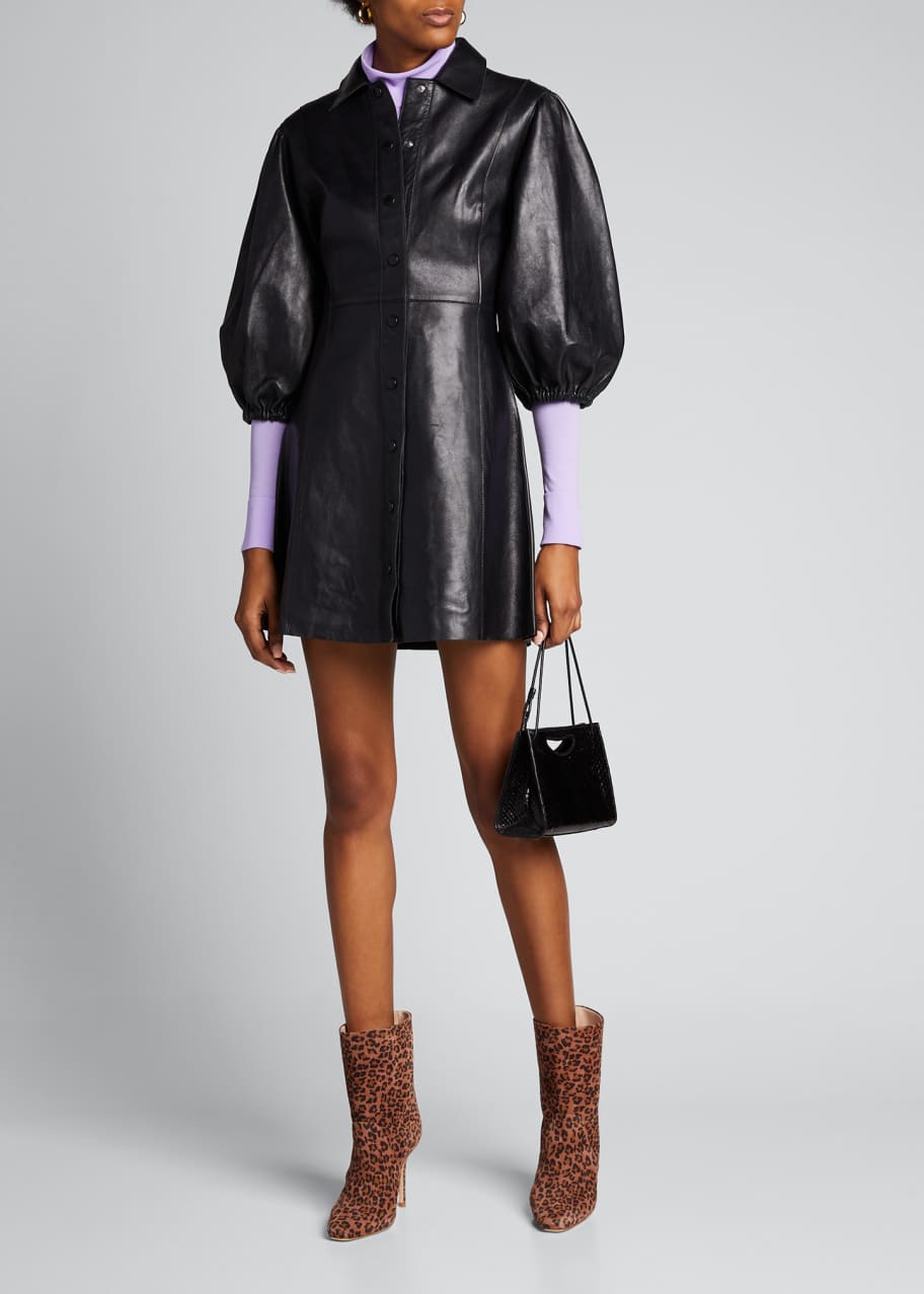 Puff Sleeve Lamb Leather Mini Dress