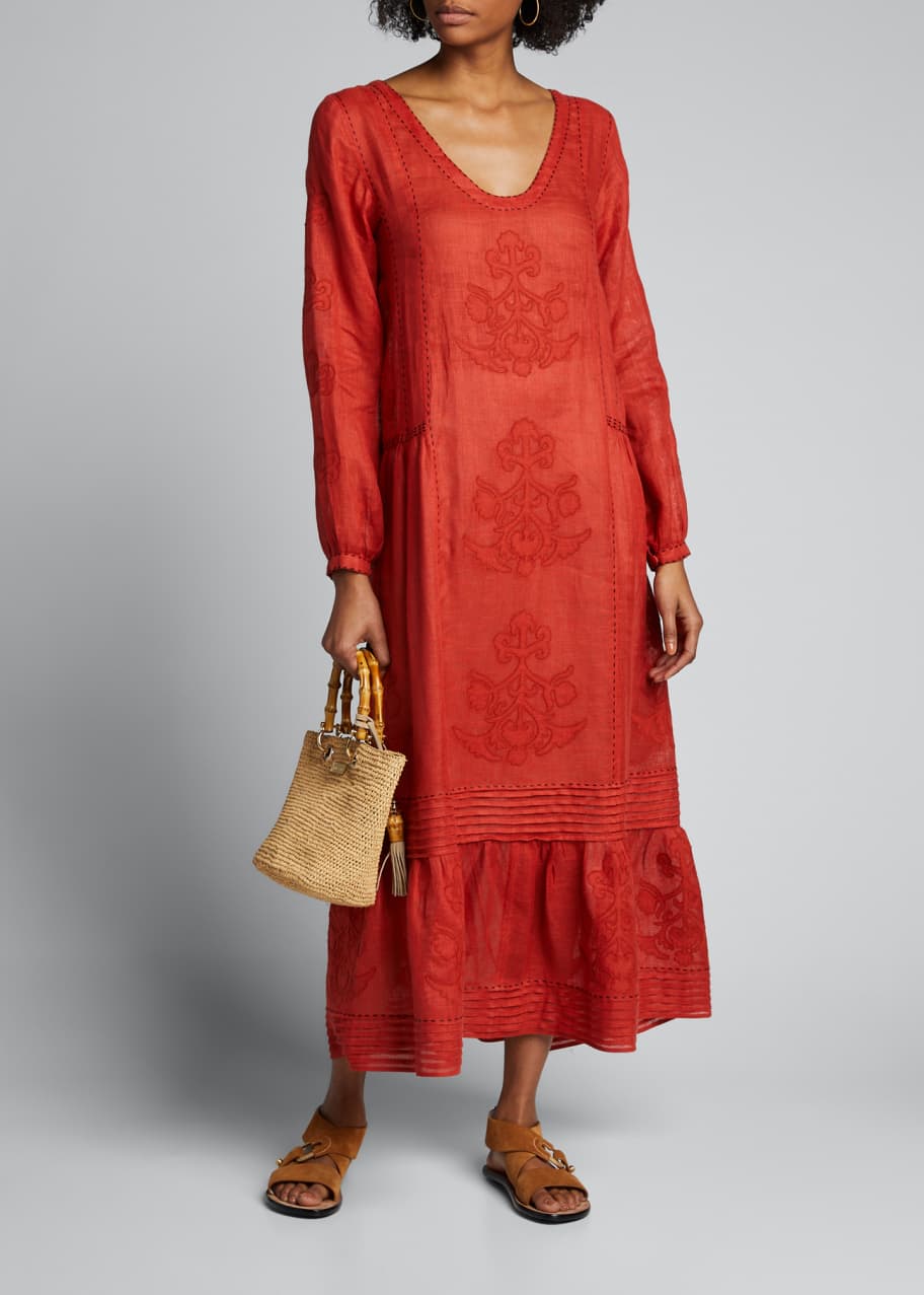 Image 1 of 1: Pleated Daisy-Embroidered Linen Maxi Dress