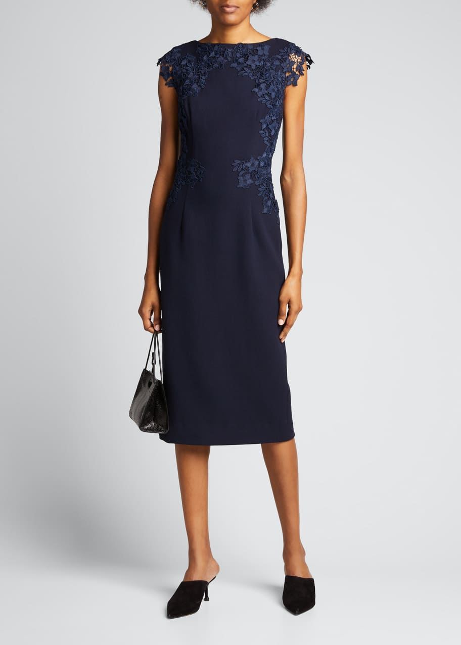 Image 1 of 1: Lace-Embroidered Wool Crepe Sheath Dress