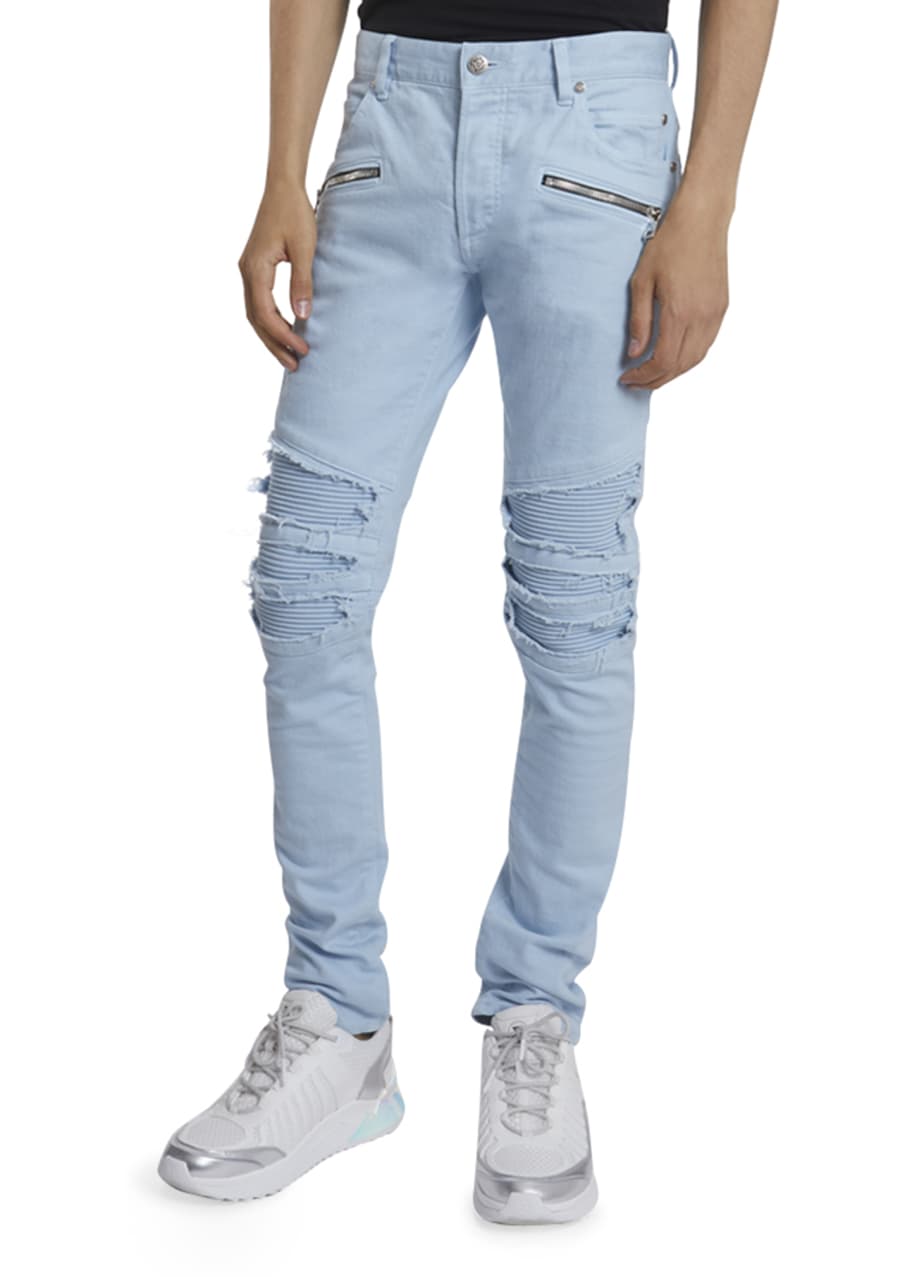 Image 1 of 1: Men's Pastel Ribbed-Inset Skinny Jeans