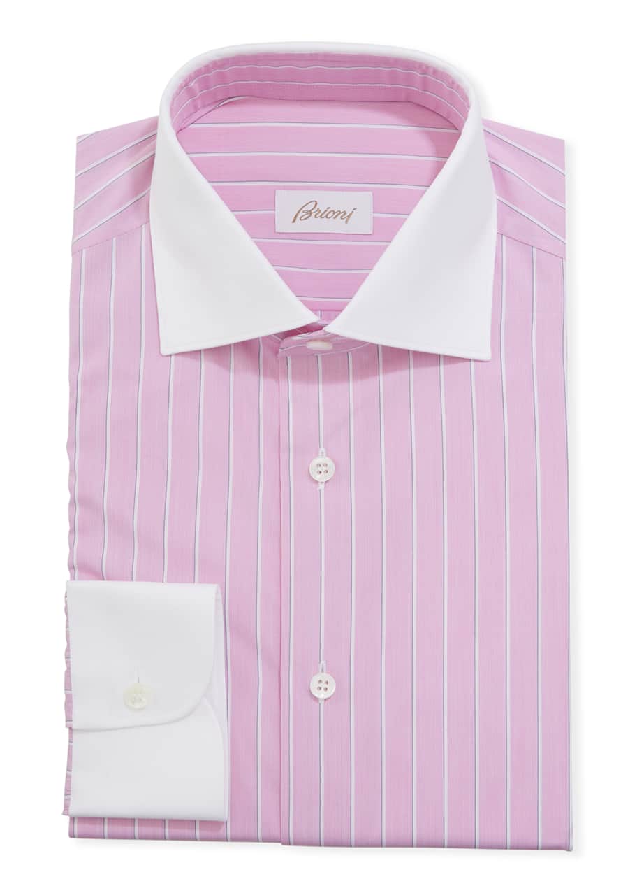 Image 1 of 1: Men's Contrast-Trim Striped Dress Shirt
