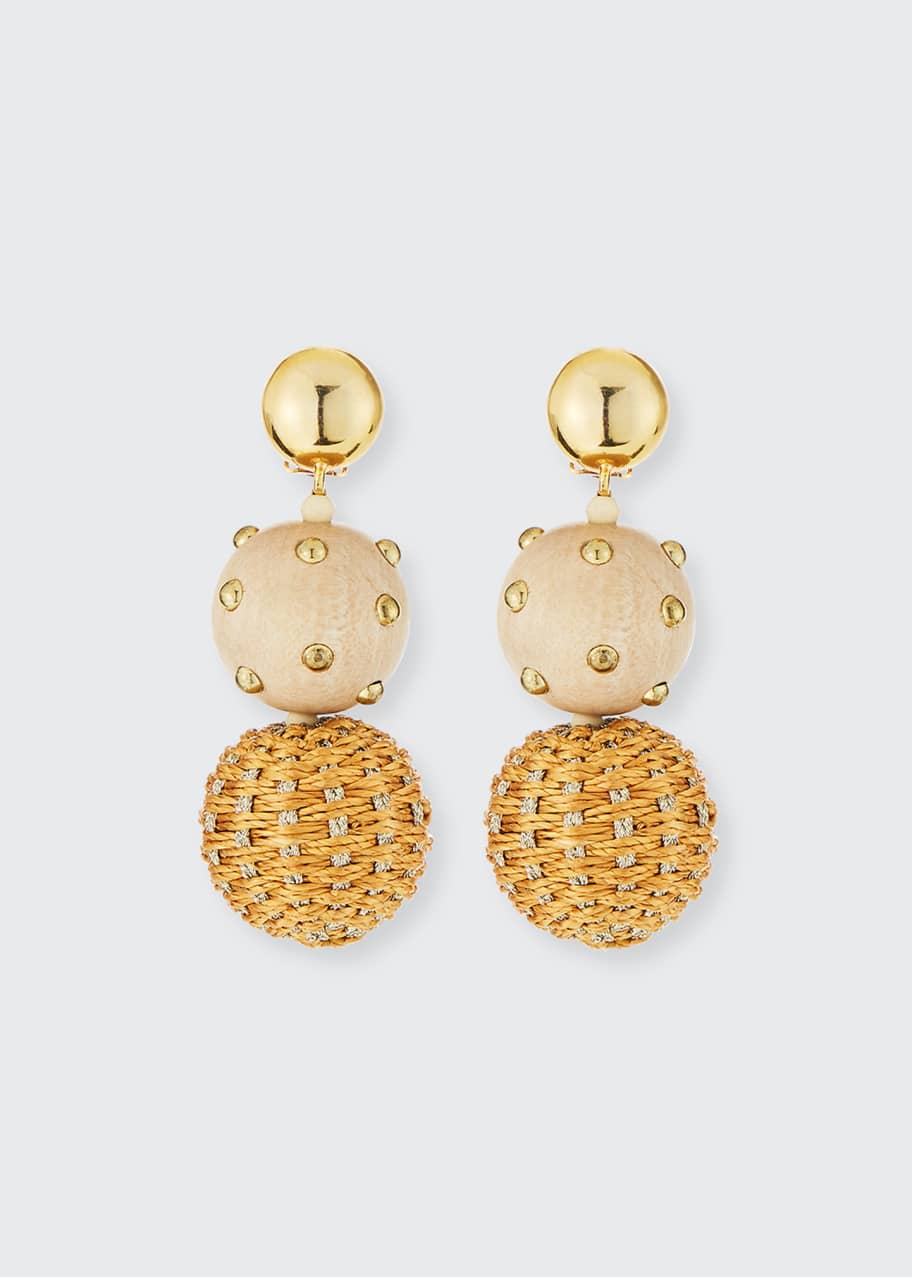 Image 1 of 1: Raffia and Wood Ball Clip Earrings