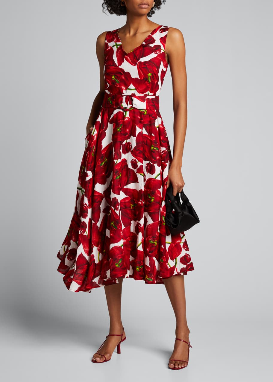 Samantha Sung Floral-Print Linen A-Line Midi Dress - Bergdorf Goodman
