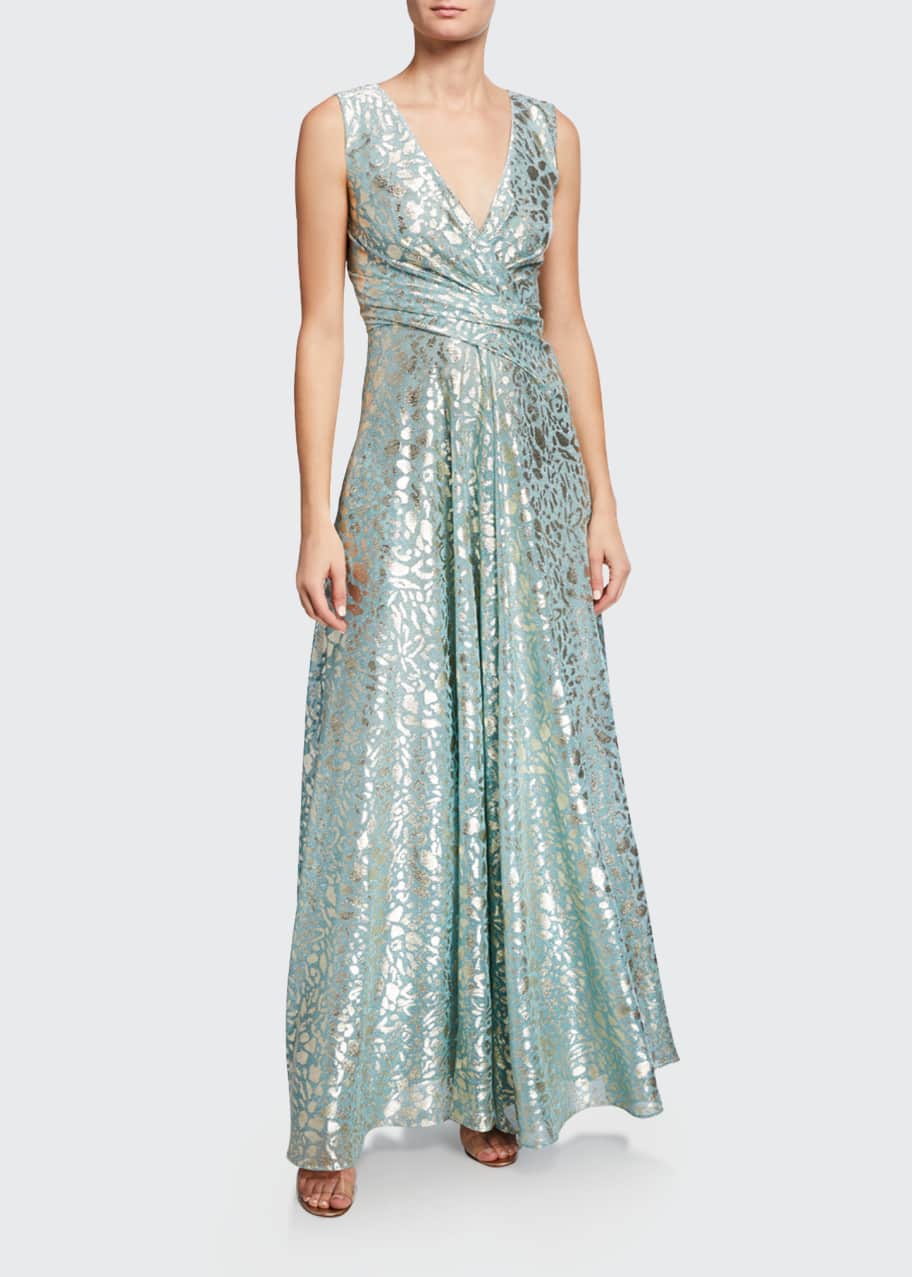 Image 1 of 1: Metallic-Spotted Voile V-Neck Gown