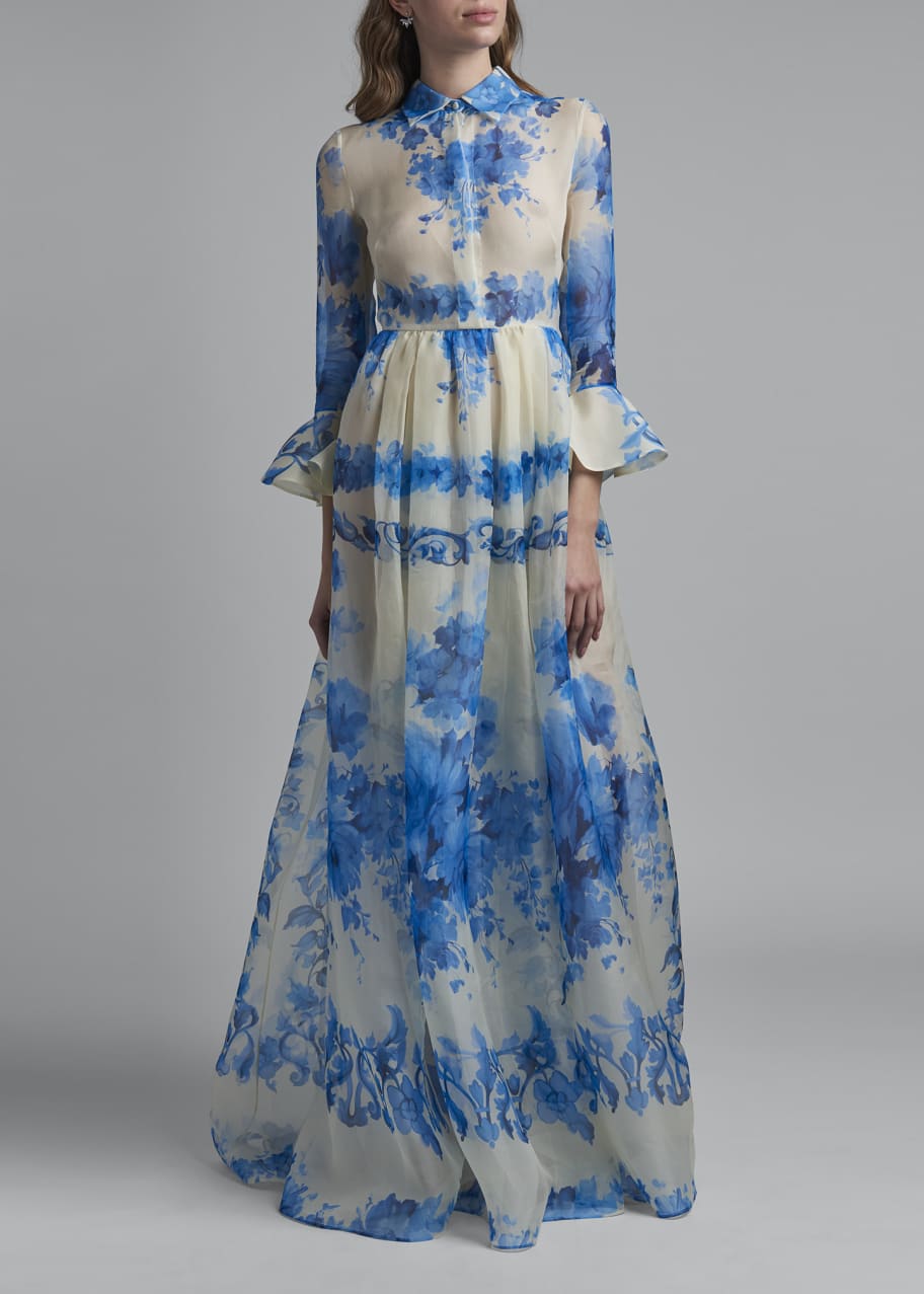 Image 1 of 1: Trumpet-Sleeve Silk Shirt Gown