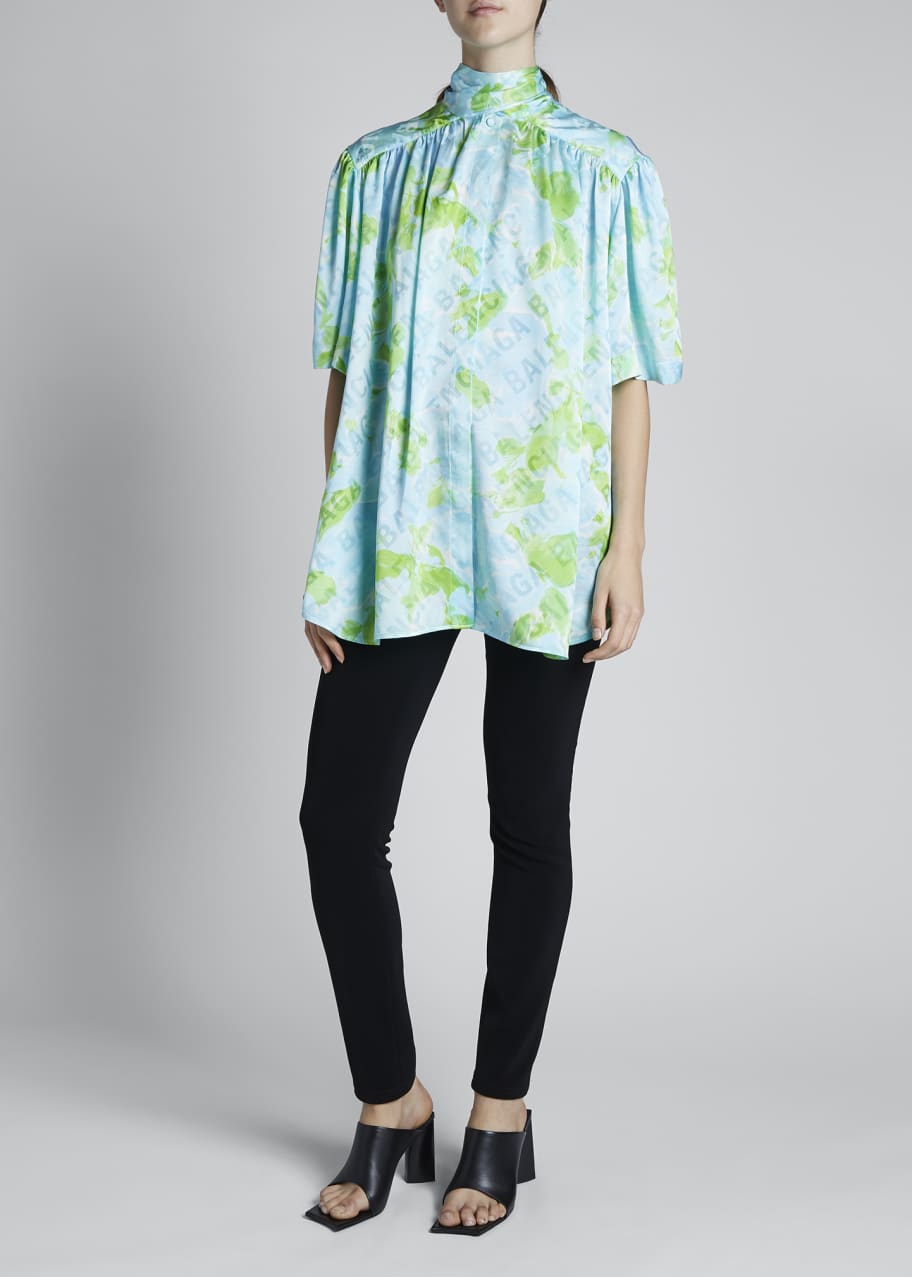 Image 1 of 1: Floral Silk Jacquard Short-Sleeve Turtleneck Blouse