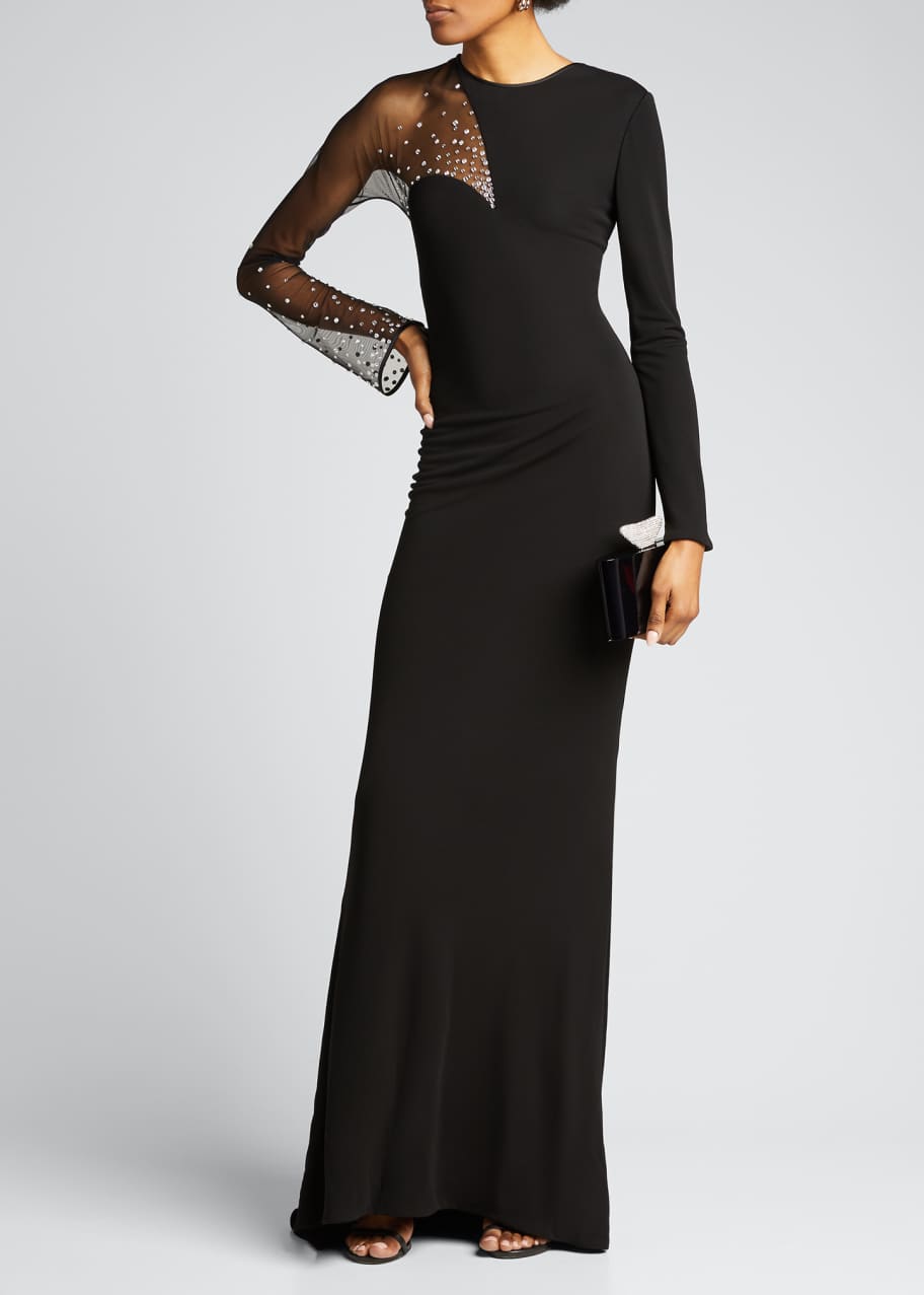 CDGNY Scattered-Crystal Illusion Jersey Long-Sleeve Gown - Bergdorf Goodman