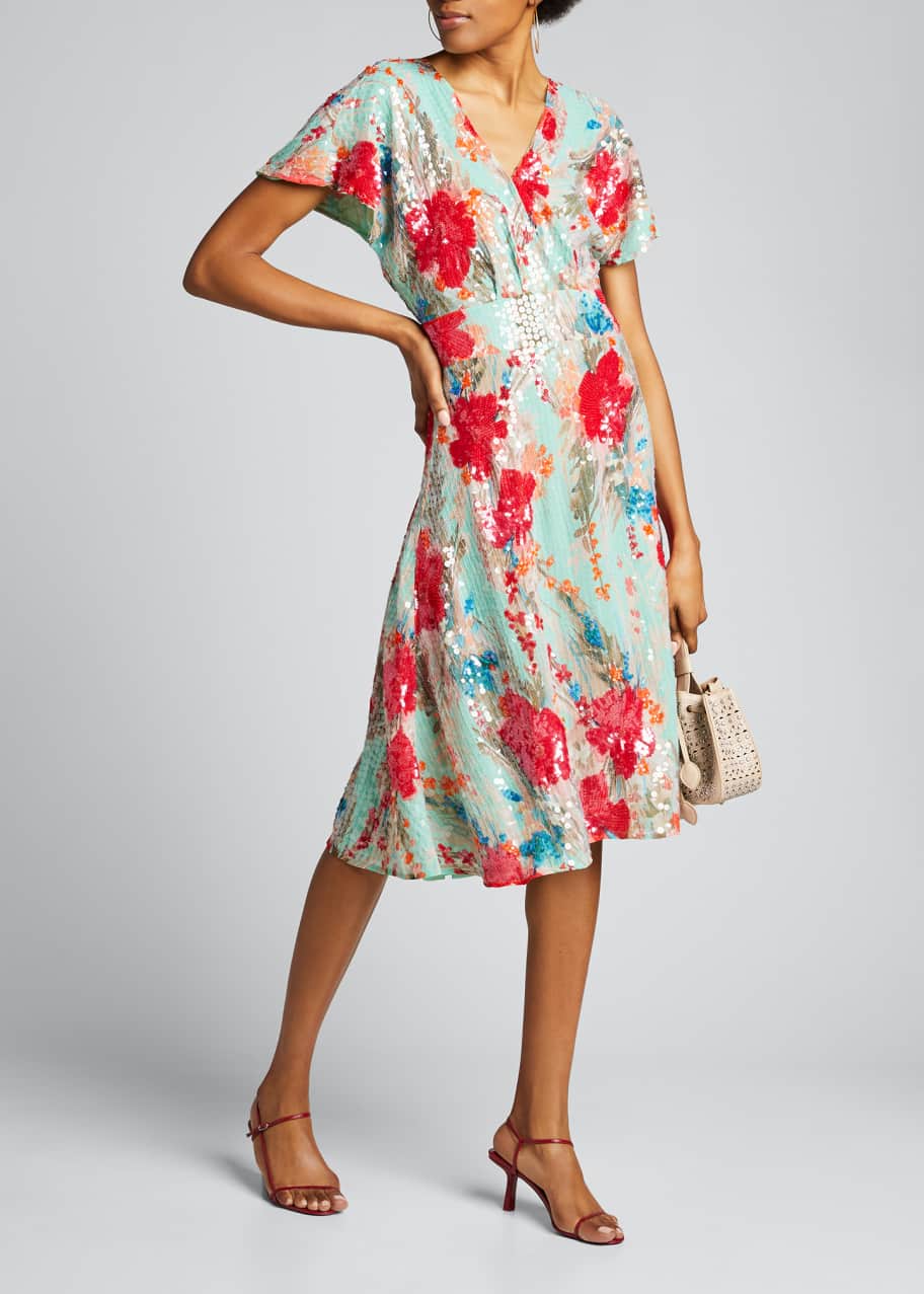 Image 1 of 1: Sequin Floral Print Short-Sleeve Dress w/ Swing Skirt
