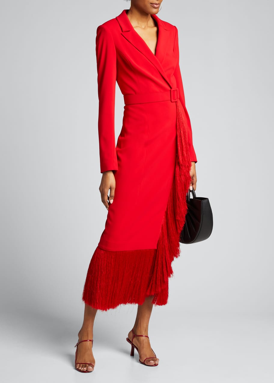 Badgley Mischka Collection Fringe-Hem Asymmetric Wrap Scuba Coat Dress ...