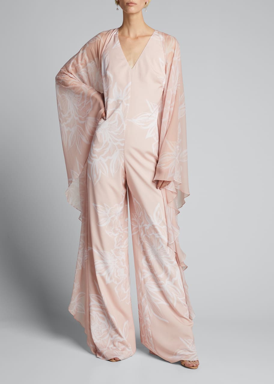 Image 1 of 1: Floral Sheer-Sleeve Caftan Jumpsuit