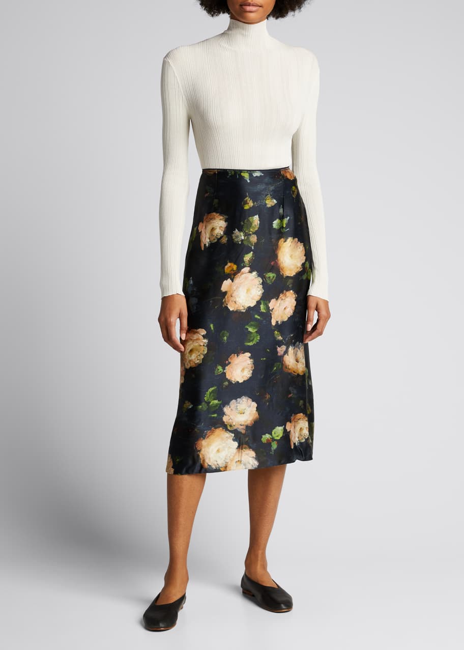 Image 1 of 1: Painted Rose Silk Midi Slip Skirt