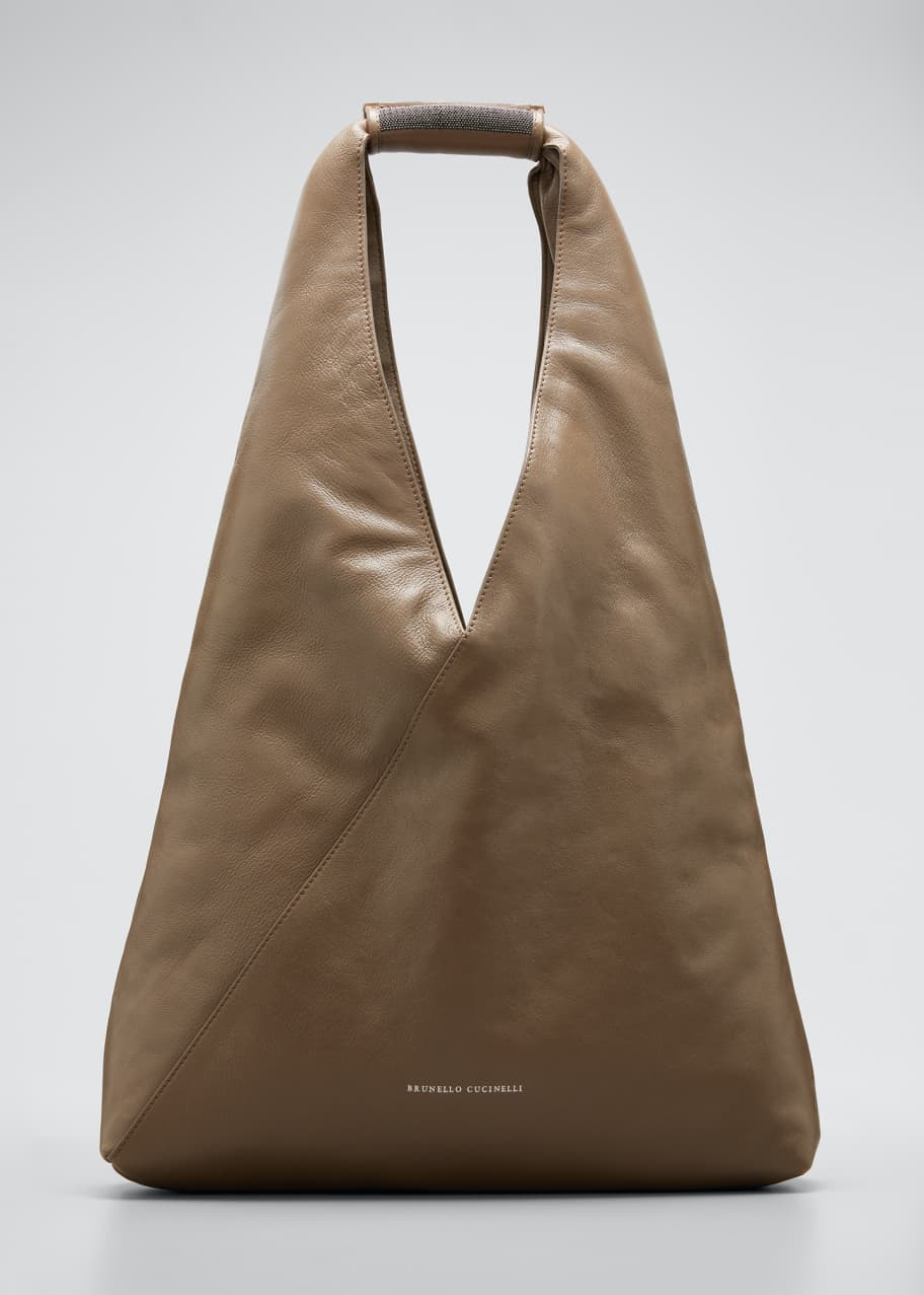 Brunello Cucinelli Greased Leather Hobo Bag with Monili Handle