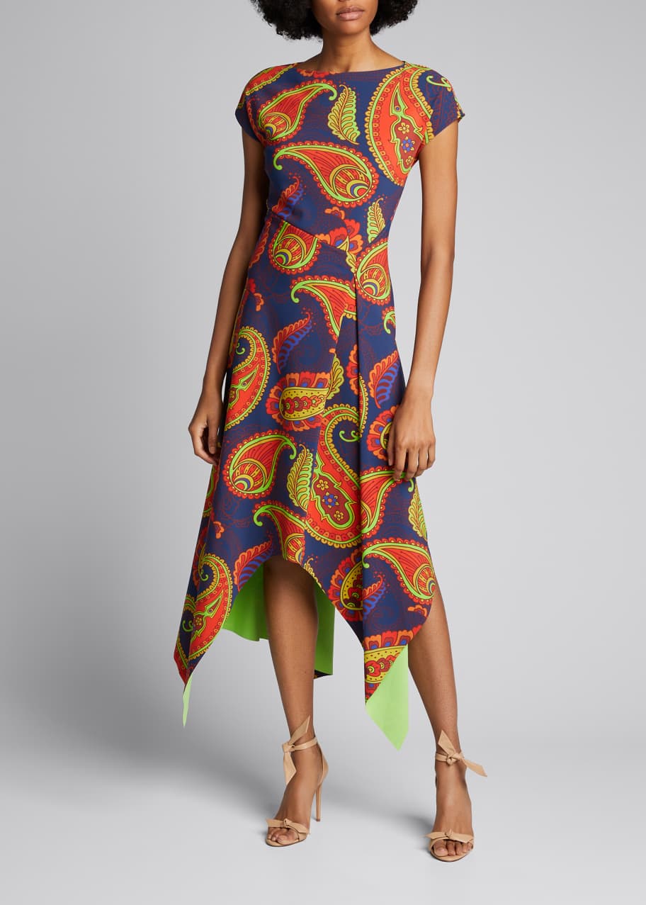 Image 1 of 1: Paisley Short Sleeve Asymmetrical Midi Dress