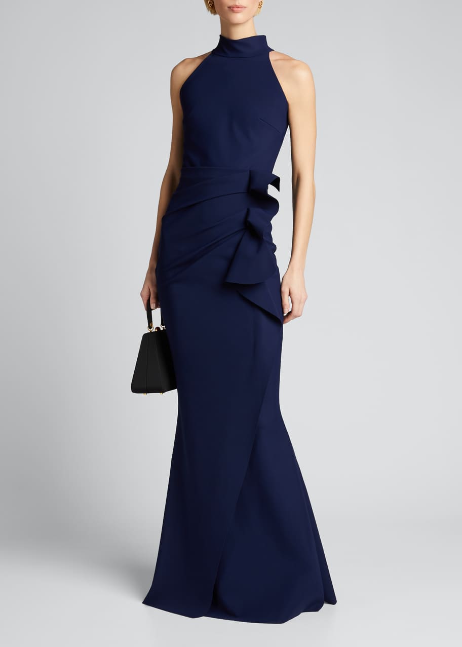 Image 1 of 1: Side Ruched Halter Gown with Asymmetric Ruffle