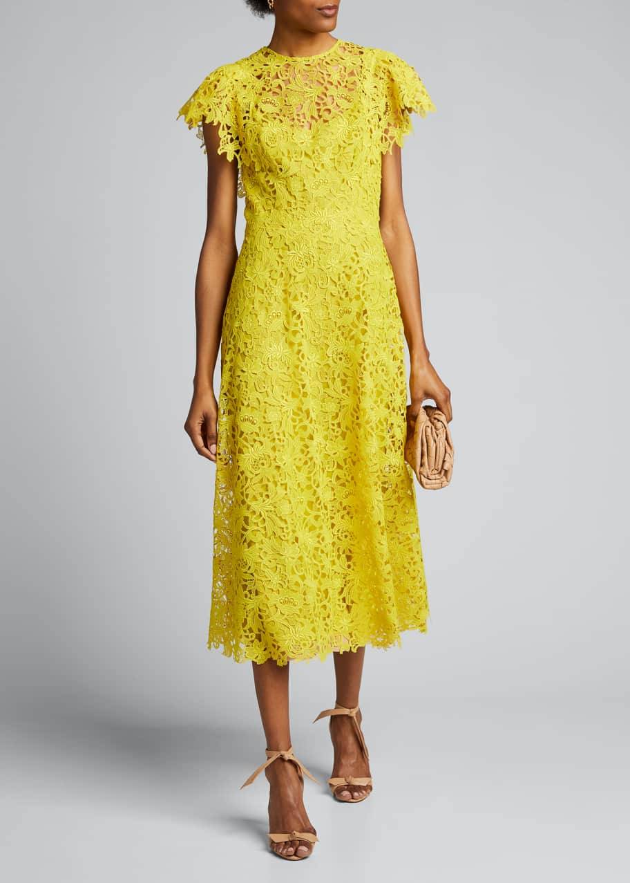 Lela Rose Lace Flutter-Sleeve Midi Dress - Bergdorf Goodman