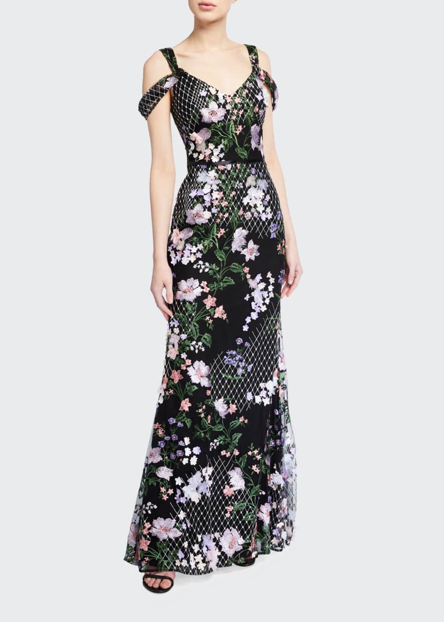 Image 1 of 1: Cold-Shoulder Lattice Embroidered Gown w/ 3D Flowers