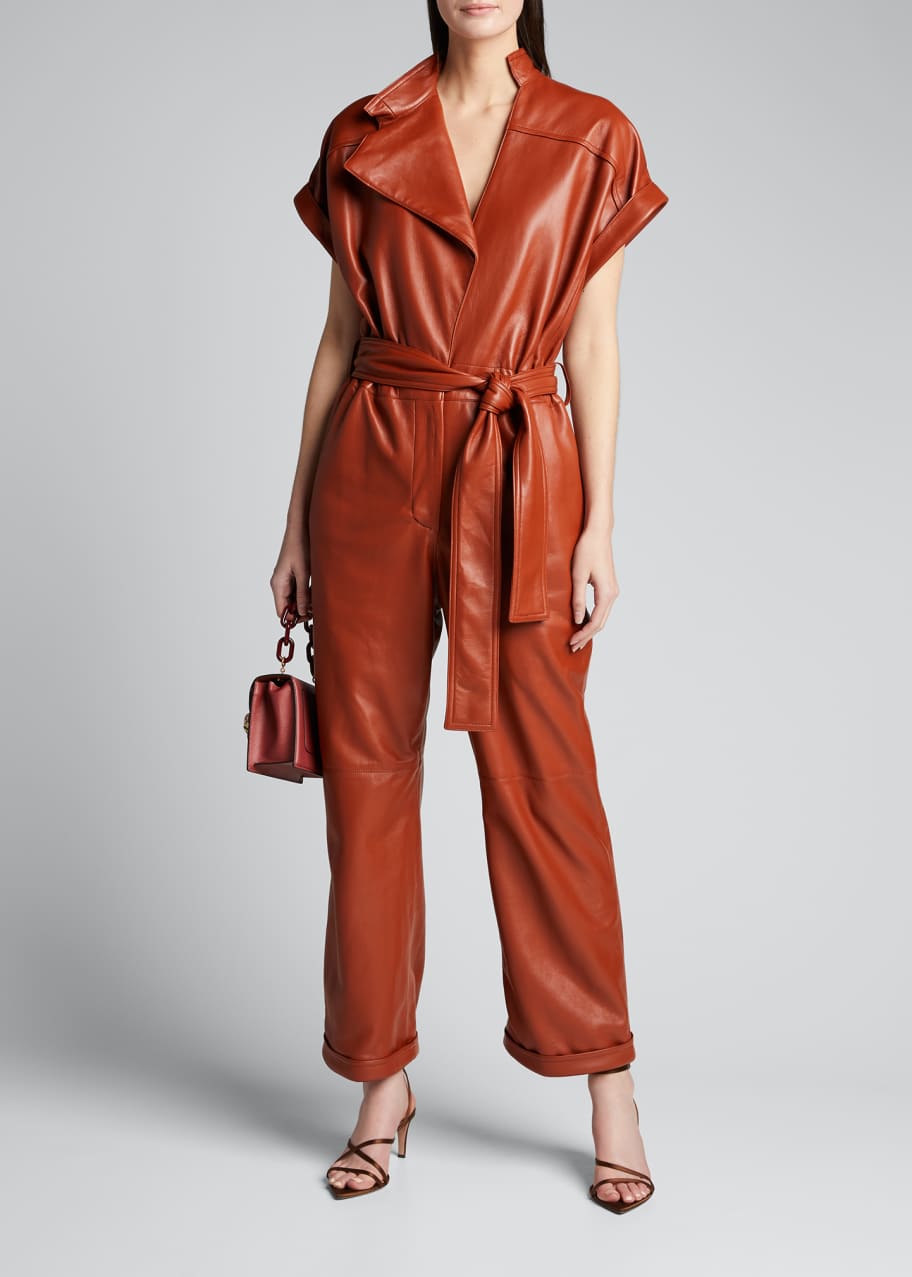 Image 1 of 1: Leather Cap-Sleeve Jumpsuit