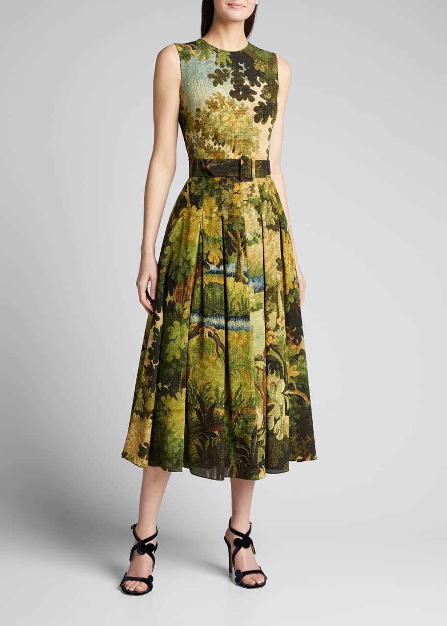 Pleated Tapestry Silk Dress