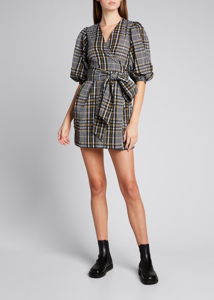 Ganni Seersucker Check Mini Wrap Dress ...