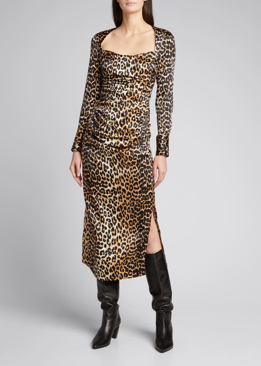 Ganni Leopard Print Ruched Satin Maxi Dress - Bergdorf Goodman
