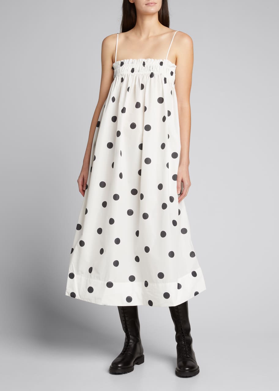 Image 1 of 1: Polka-Dot Smocked Spaghetti-Strap Midi Dress