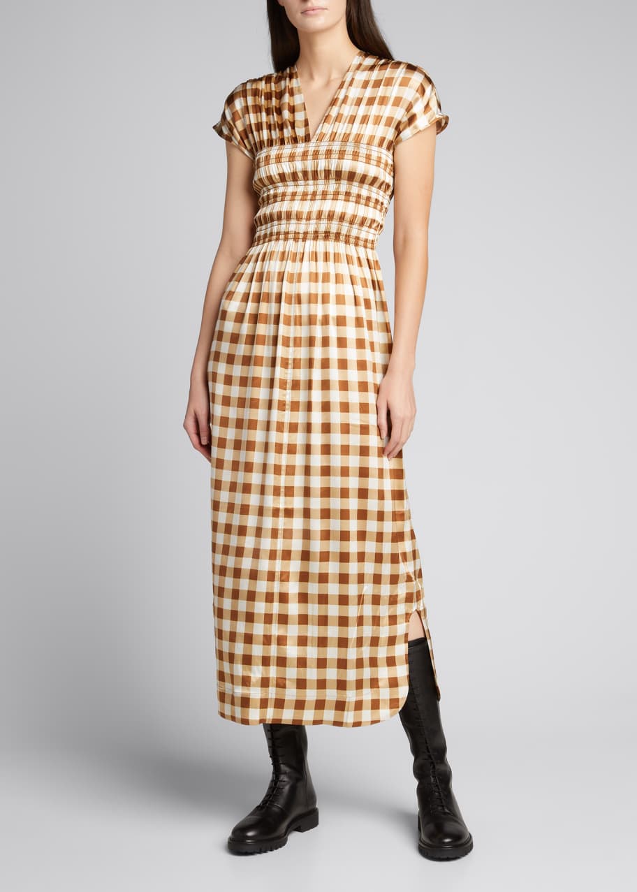 Ganni Gingham Cap-Sleeve Stretch Silk Maxi Dress - Bergdorf Goodman