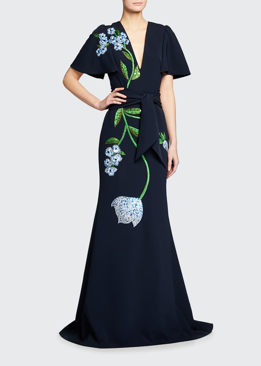 Lela Rose Flutter-Sleeve Embellished Gown - Bergdorf Goodman