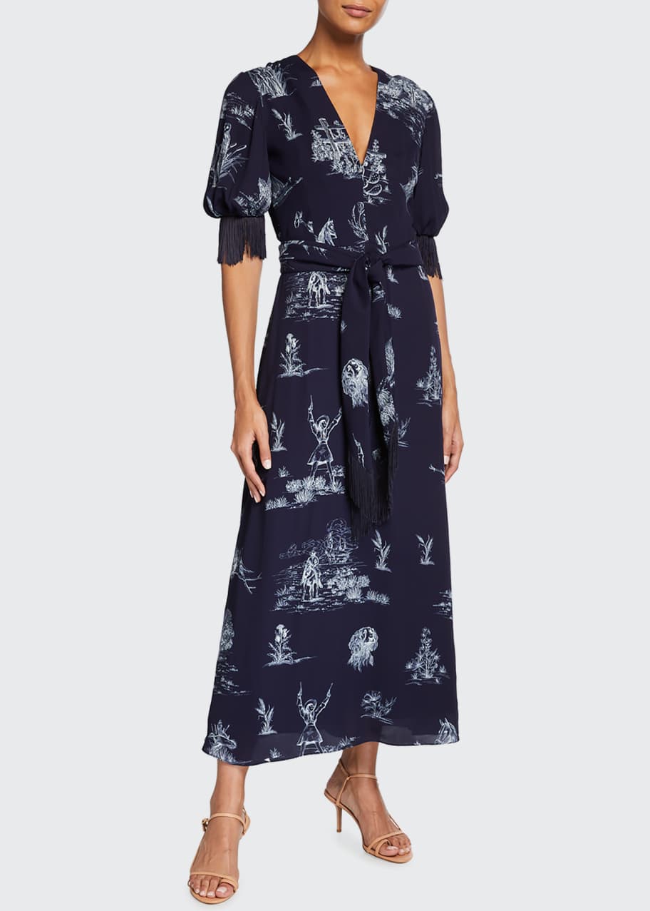 Lela Rose Reyrosa Toile Blouson-Sleeve Fringe Midi Dress - Bergdorf Goodman