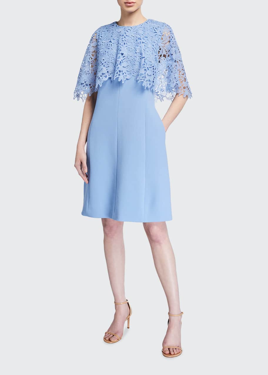 Lela Rose Crepe Tunic Dress with Lace Capelet - Bergdorf Goodman
