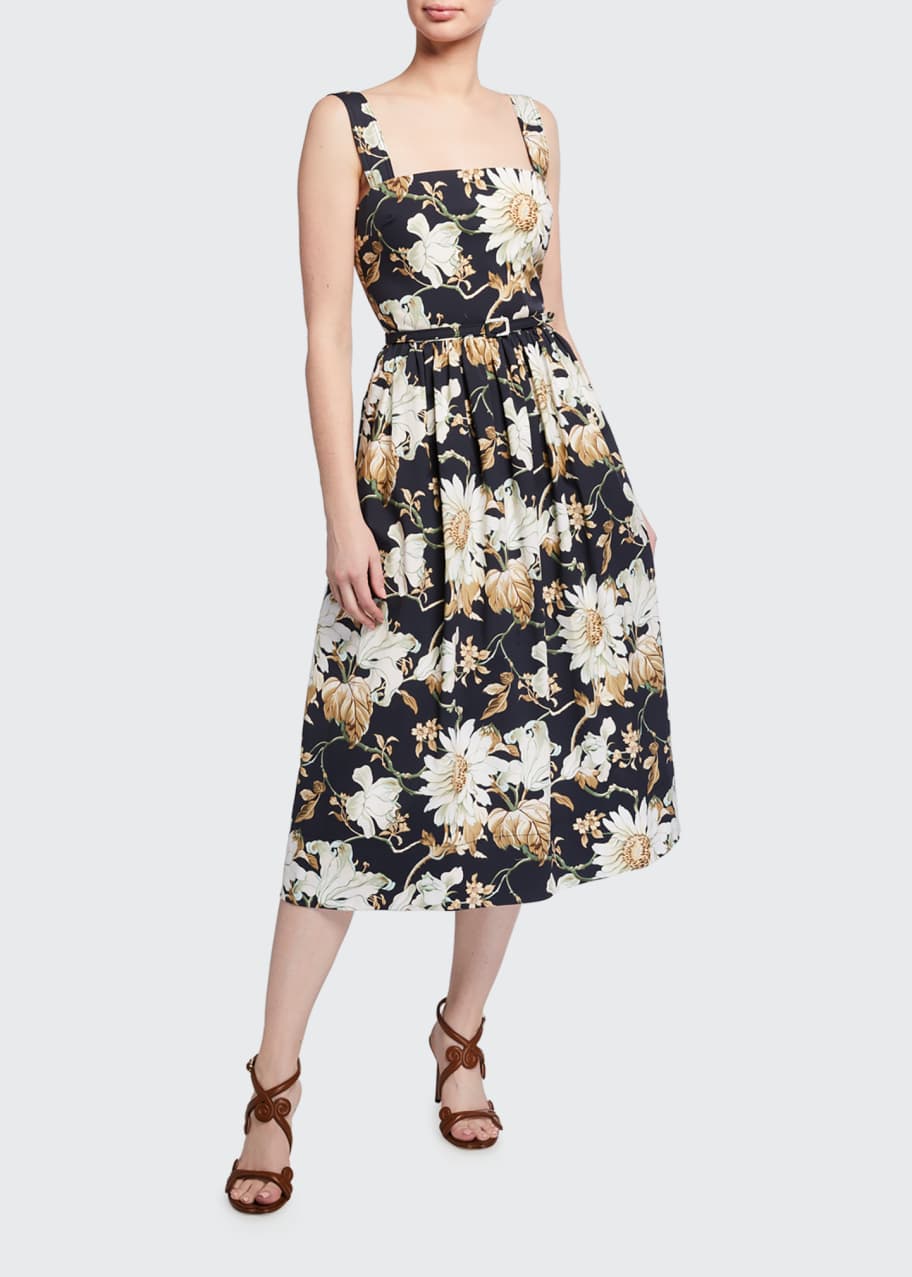 Image 1 of 1: Belted Floral-Print Poplin Day Dress