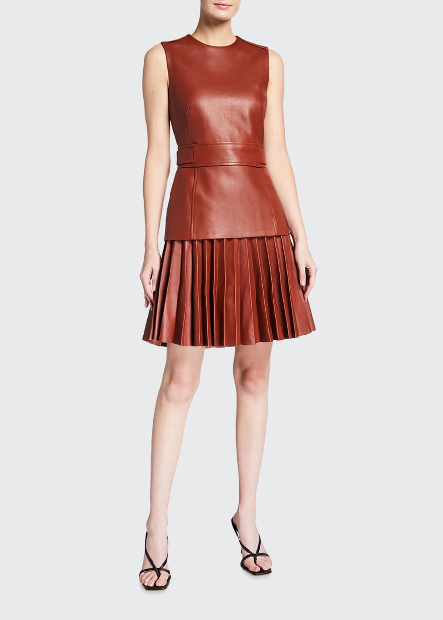 Oscar de la Renta Leather Pleated Sleeveless Day Dress - Bergdorf Goodman